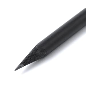 A grey-lead pencil with a sharpened black tip and a sleek black body, featuring a logo.