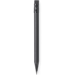 A grey lead pencil with a black barrel and eraser at the top. The pencil is sharpened to a point.