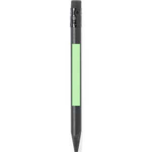 A grey writing pencil with a green section and an attached eraser. It features a simple branding logo near the top.