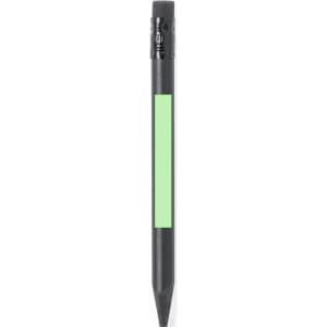 A grey lead pencil with a black body and a green accent area, featuring a brand logo.