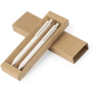 A set of two white pens in a brown cardboard box with a lid, featuring a simple design.