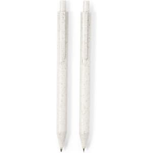 A set of two white pens with a textured finish, featuring a branding logo.