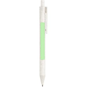 A white pen with a green placeholder area for branding, featuring a simple design and a clip on the side.