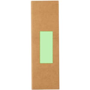 A brown cardboard box with a green rectangular label. The box is tall and narrow, suitable for packaging pens.