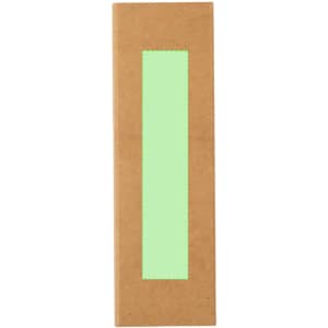 A slim packaging box in brown with a green window cut-out, designed for holding pens or writing instruments.