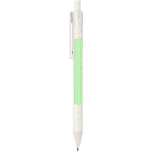 A white pen with a green accent and a logo. The pen features a smooth design ideal for writing.