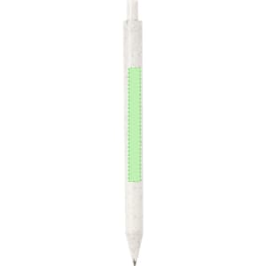 A pen in white with a green accent section. The pen features a logo and has a smooth writing tip.