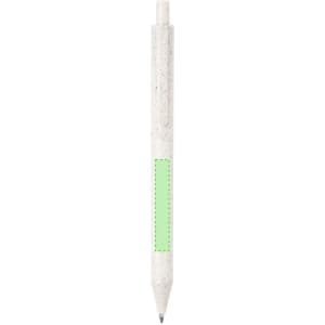 A white pen with a green accent, featuring a logo and a smooth click mechanism for easy use.
