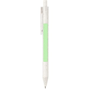 A white pen with a green section for branding and a clip at the top. The pen features a logo.