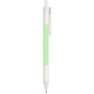 A white pen with a green accent and a logo, featuring a click mechanism and a lightweight design.