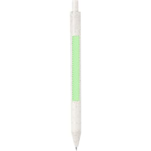 A pen in white with a green grip area and a logo. It has a simple, eco-friendly design.