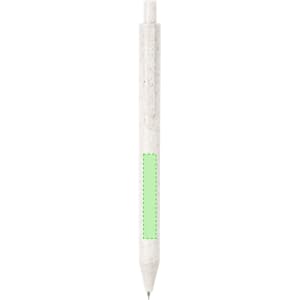 A white pen with a green accent section and a logo, designed for writing.