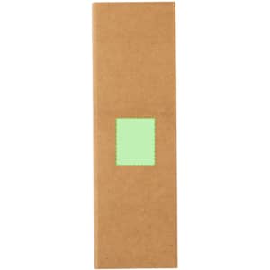 A rectangular cardboard box in brown with a green label on the front, designed for packaging.
