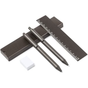 A grey pen set including two pens, a ruler, and an eraser, all in a matching box.
