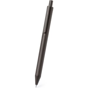 A sleek brown pen with a clip and pointed tip, featuring a simple design and a branding logo.