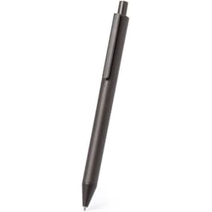 A dark grey pen with a clip and a tapered tip, featuring a simple design and a branded logo.