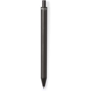 A black pen with a sleek design and a branding logo on the top.