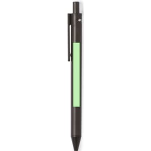 A black pen with a translucent green section and a clip, featuring a logo.