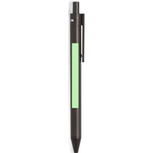 A black pen with a green accent and a clip, featuring a textured grip. Includes a logo on the barrel.