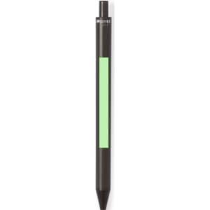 A black pen with a green grip section and a branding logo at the top.