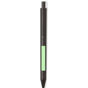 A black pen with a green strip and a rounded tip, featuring a branding logo on the barrel.