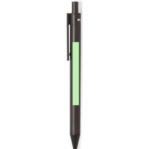 A black and green pen with a clip and a smooth finish. It features a branding logo.