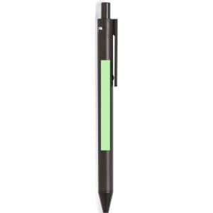 A black pen with a green highlight area and a clip. It has a simple design and features branding.