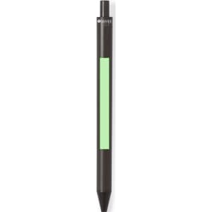 A black pen with a green highlighting section and a logo on the side.