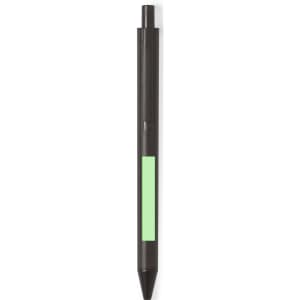 A black pen with a mint green stripe on the barrel. There is a branding logo on the pen.