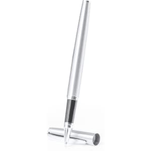 A metal pen set in silver with a sleek design and a black accent. Includes a pen casing.