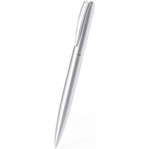 A silver metal pen featuring a sleek design and a clip, displaying a logo on the body.