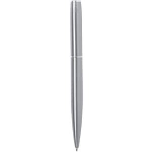 A sleek silver metal pen featuring a smooth design and a branding logo. Ideal for professional use or gifting.