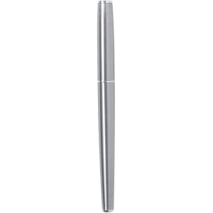 A sleek silver metal pen, featuring a streamlined design and a logo on the surface. Ideal for writing tasks.