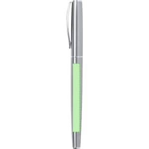 A metal pen with a sleek silver finish and a green grip section, featuring a clip and a logo.