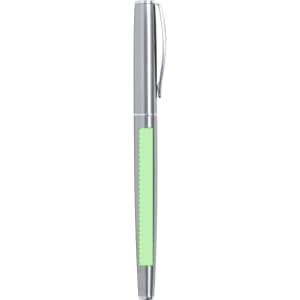 A metal pen with a sleek silver design and a green grip section. Features a clip and a branding logo.
