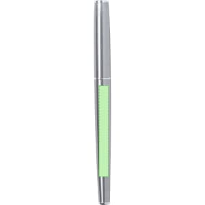 A silver metal pen with a green section, featuring a logo on its body.