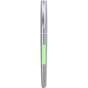 A metal pen in silver with a green grip and branding.