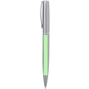 A metal pen with a silver finish and a mint green grip section, featuring a clip and chrome accents.
