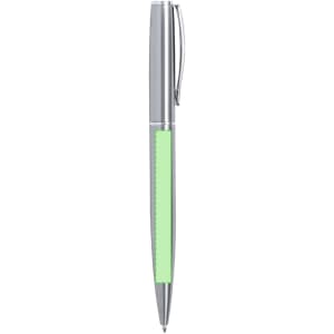 A metal pen with a silver finish and a mint green grip, featuring a clip and branding.