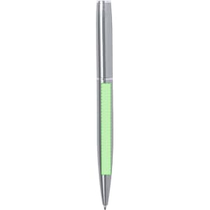 A metal pen with a sleek silver finish and a green grip. The pen features a logo on its body.