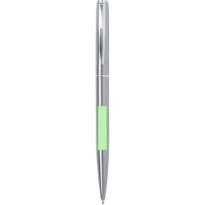 A silver metal pen with a green accent and a logo on the body.