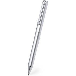 A silver metal pen with a sleek design, featuring a clip and a shiny finish. It has a small logo on the barrel.