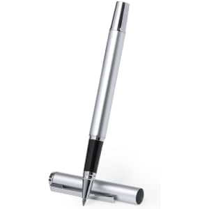 A metal pen in silver and black, resting on its cap, featuring a sleek design and a branding logo.