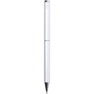 A silver metal pen with a sleek design and a logo on the upper part.