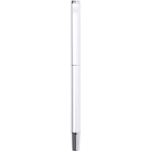 A metal pen with a sleek white body and silver accents, featuring a logo on the upper section.