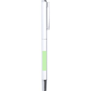A metal pen in white with a green accent and a clip, featuring a branding logo.