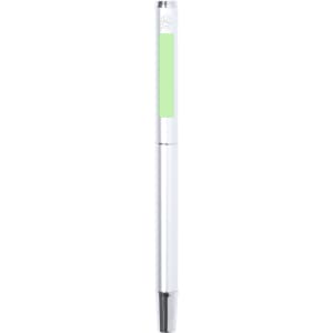 A metal pen in white with a green accent, featuring a logo on the upper part.