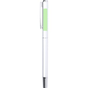 A white metal pen with a green accent and a clip, featuring branding on its surface.