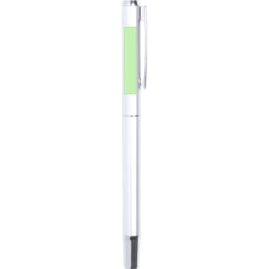 A metal pen with a white body and a green accent, featuring a clip and a branding logo.