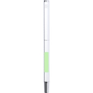 A metal pen in white with a green accent, featuring a branding logo.
